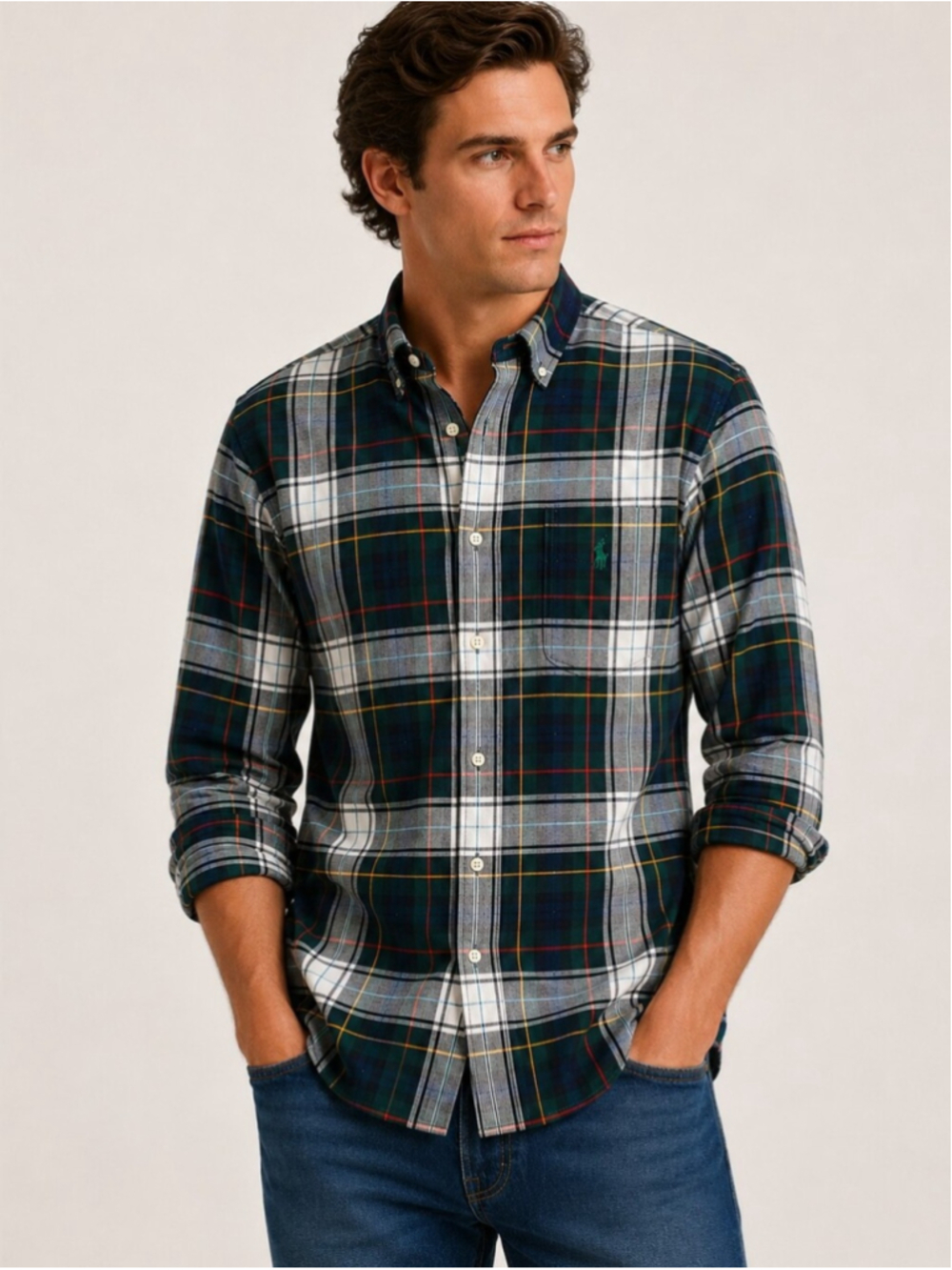 Ralph Lauren Plaid Button-Up Shirt Men’s Large Green Navy Red Cotton